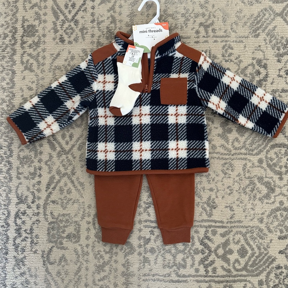 NWT Petit Lem Plaid Fleece Pullover, socks, and Pants Set for baby boy
